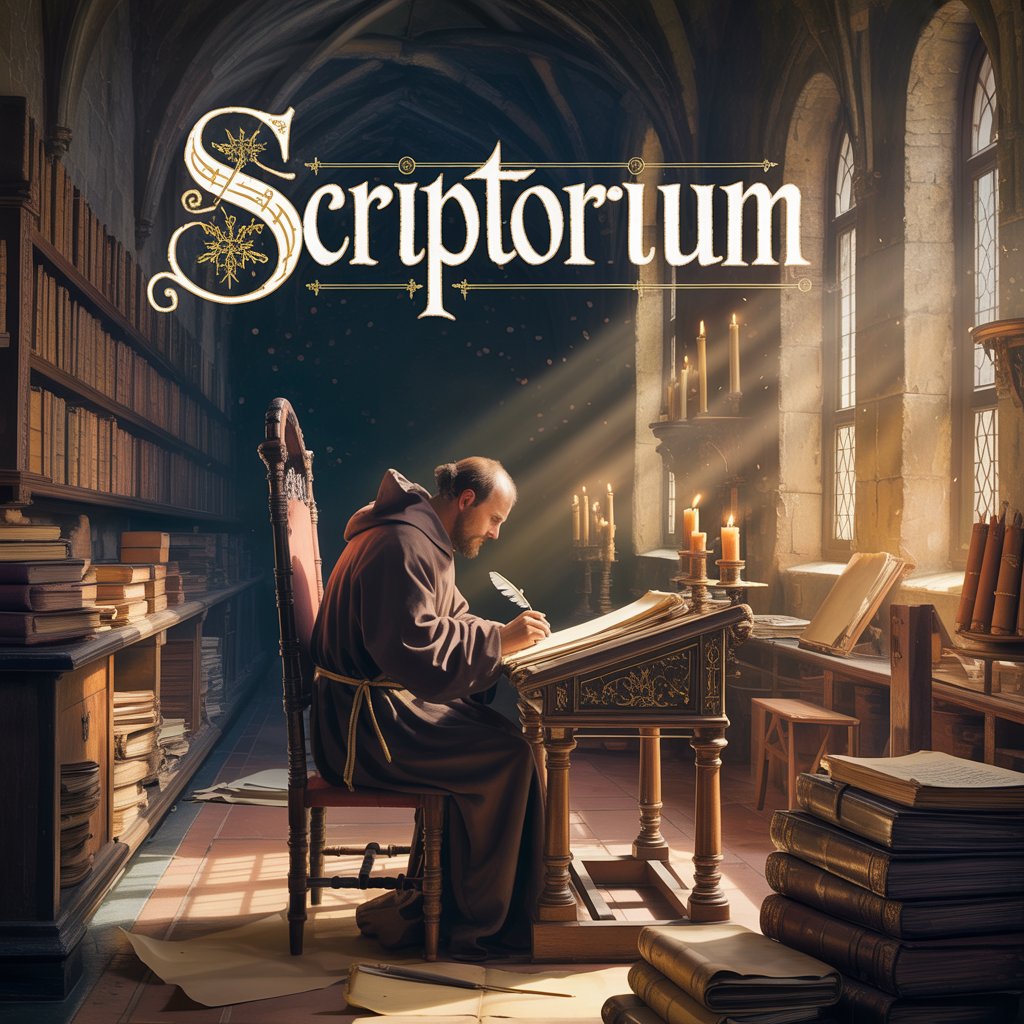 A medieval scribe at a writing desk in a candle-lit scriptorium, the word Scriptorium illuminated above in gold.